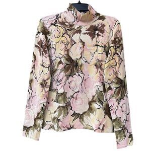 Vintage Talbots Silk Blend Turtleneck Floral Sweater M Romantic Cottage Preppy